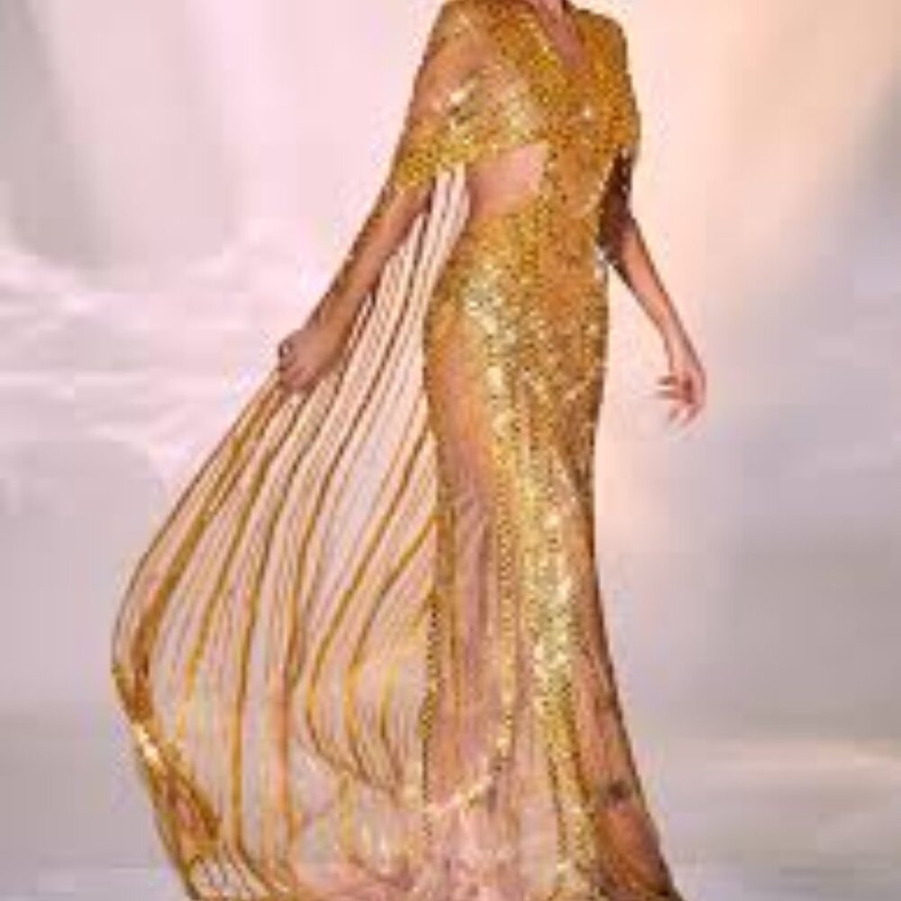 Gold Sequin Evening Gown with Draped Cape